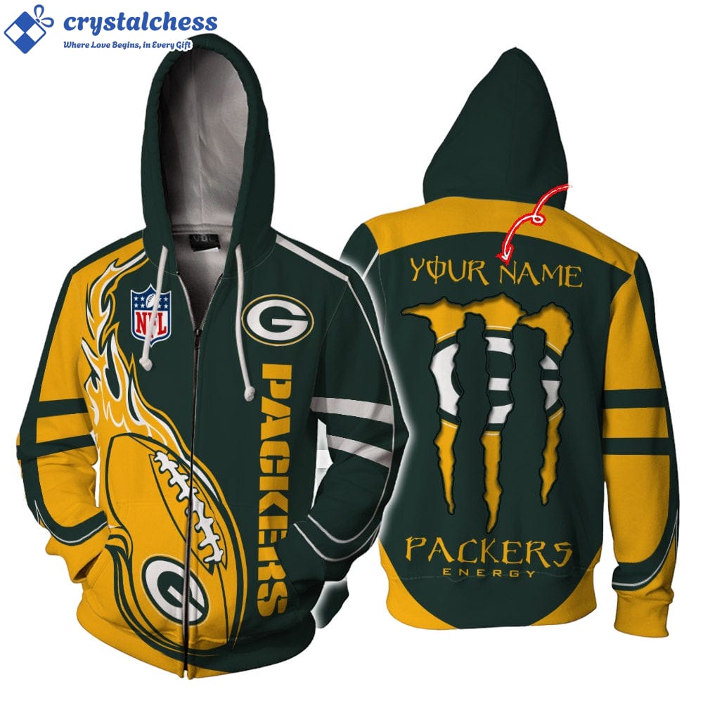 Green Bay Packers Hoodie Mens Ball Flame Custom Name